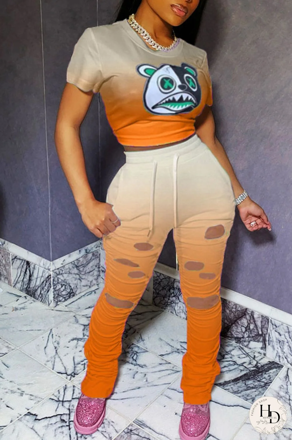 Orange Fashion Casual Patchwork Print Two Piece Suits Straight Short Sleeve Two Pieces