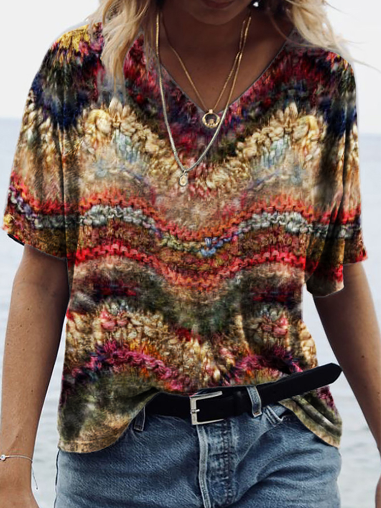  Boho Colorful Waves Textile V Neck T Shirt Westsshops