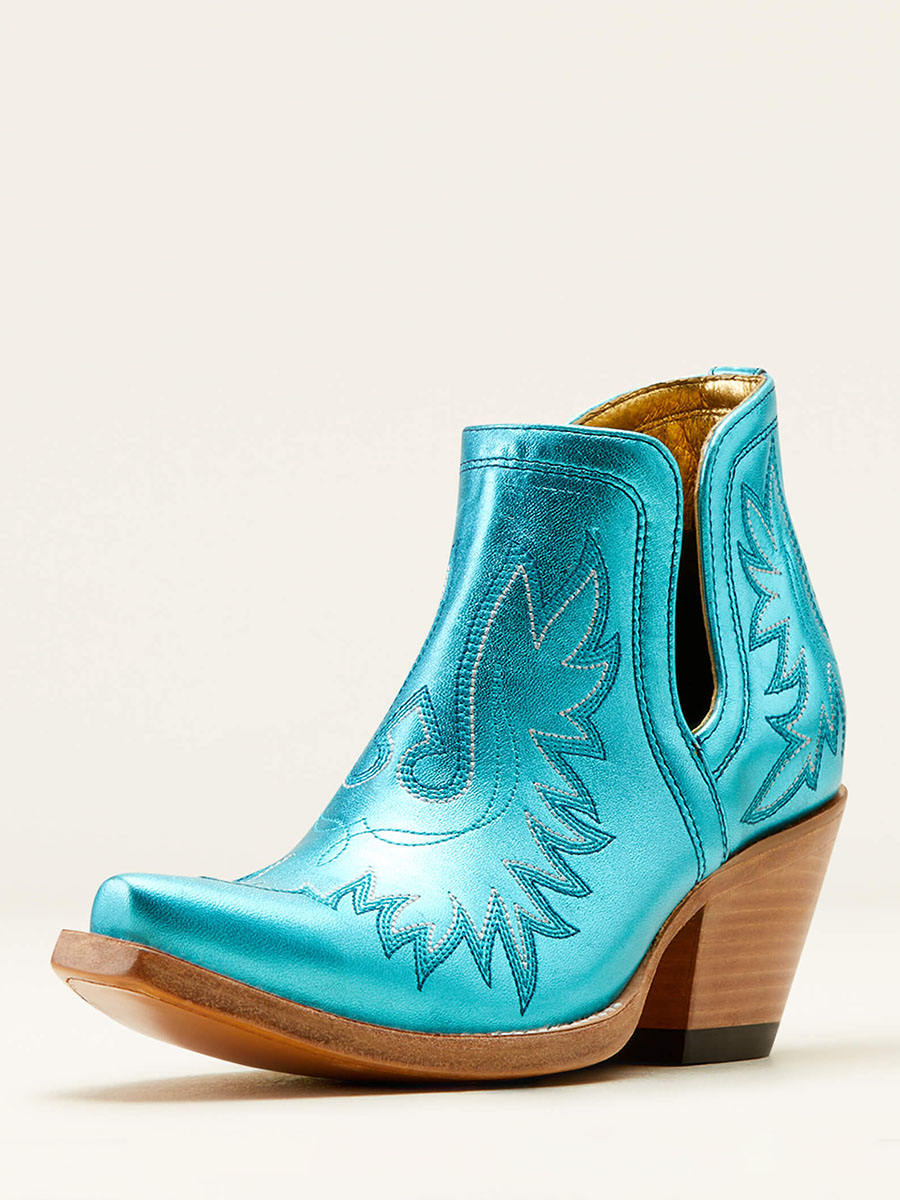 Metallic Turquoise Snip Toe Embroidered Heeled Western Ankle Boots