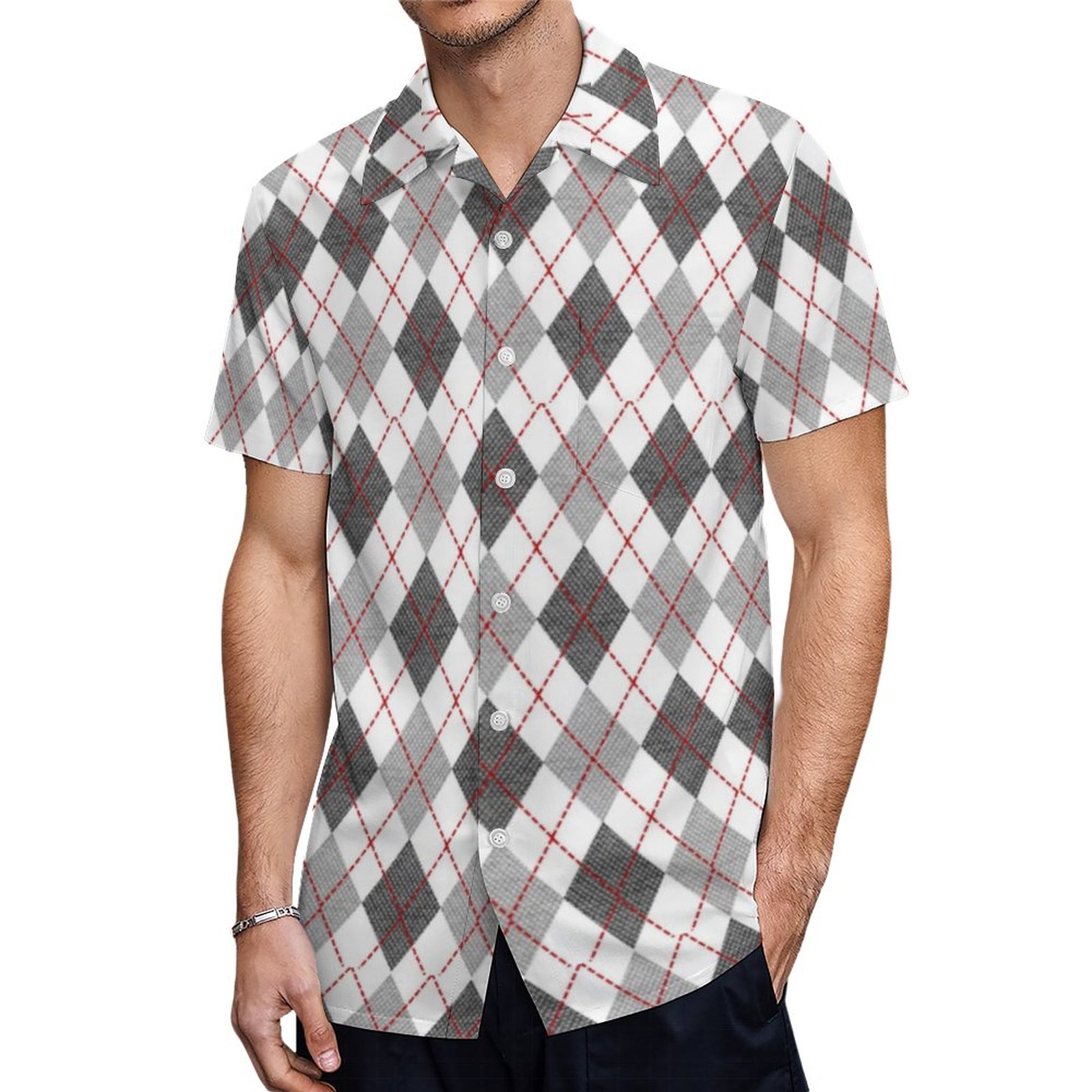 Argyle Plaid Red Gray Silver Hawaiian Shirt Mens Button Down Plus Size Tropical Hawaii Beach Shirts