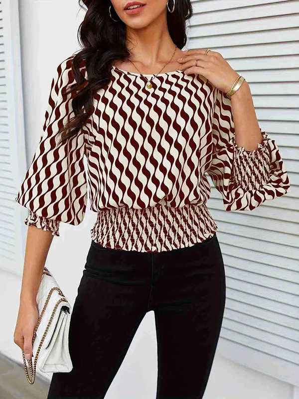 Elasticity Printed Split-Joint Loose Puff Sleeves Round-Neck Blouses&Shirts Tops