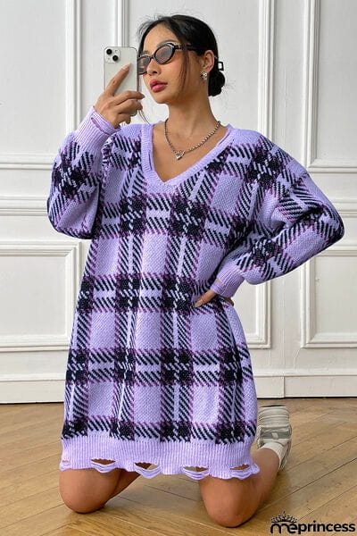 Plaid V-Neck Long Sleeve Sweater Dress