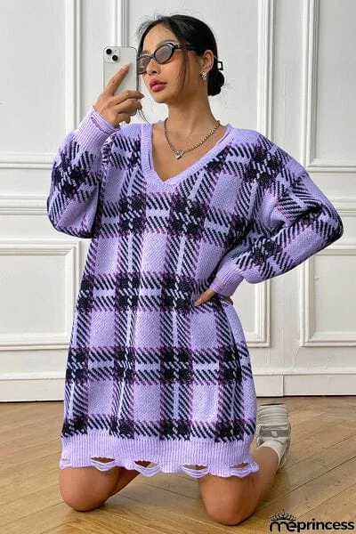 Plaid V-Neck Long Sleeve Sweater Dress