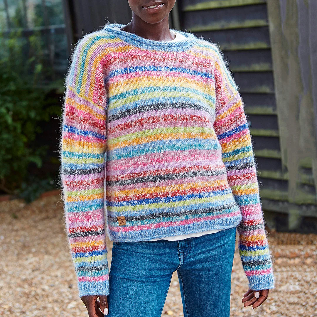 Vintage Mohair Rainbow Stripe Knit Jacquard Crew Neck Sweater
