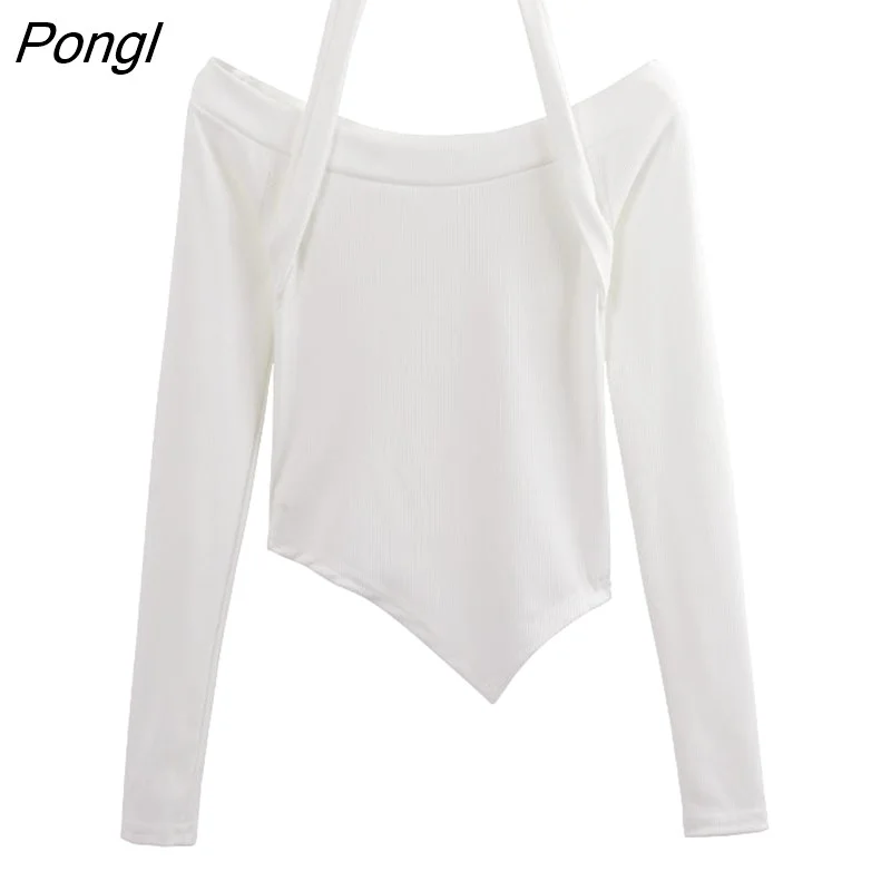 Pongl Shoulder Off Crop Top Women Long Sleeve Winter T-shirt Woman Korean Fashion Vintage Y2K Sexy Tee Shirt Femme Clothes