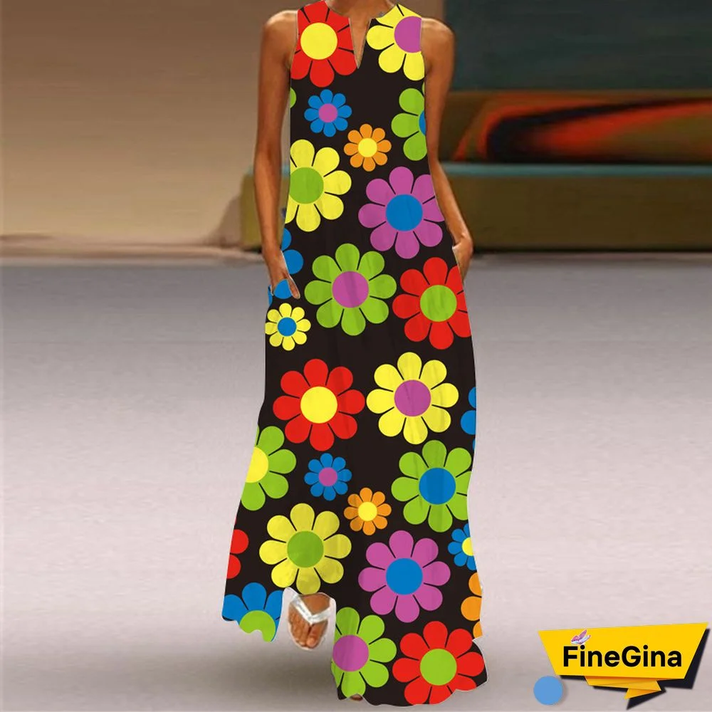 Butterfly Floral Maxi V Neck Sexy Female Long Dresses Women Dress Summer Fashion Print Sleeveless Pocket Loose Dress
