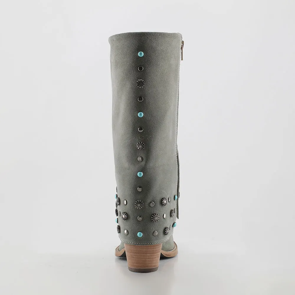 Chic Grey Snip Toe Fold Over Studded Western Boots for Women