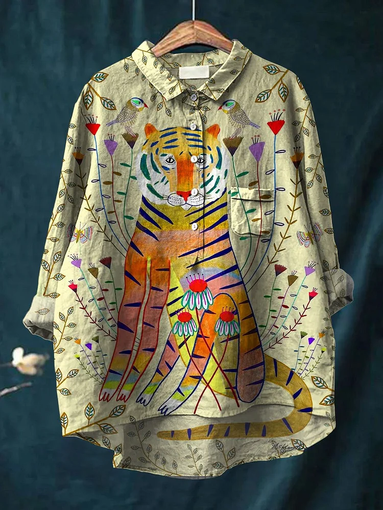Women's Tiger Print Casual Cotton And Linen Shirt