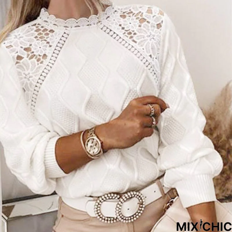 Solid Color Crewneck Pearl-Embellished Knitted Sweater