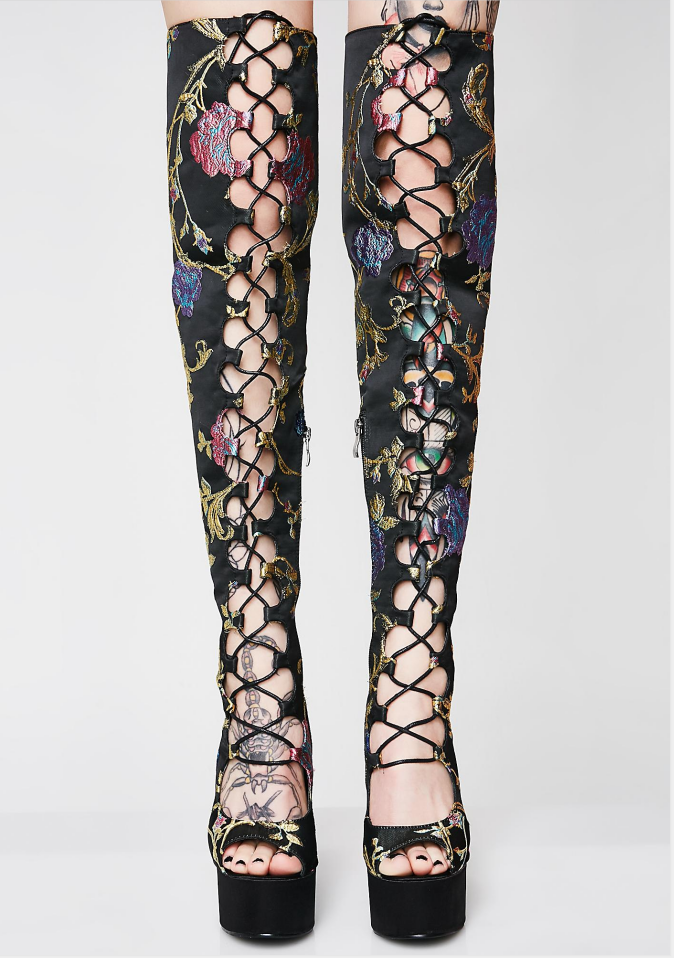 GOOSHOE Custom Black Floral Lace-up Thigh-High Boots