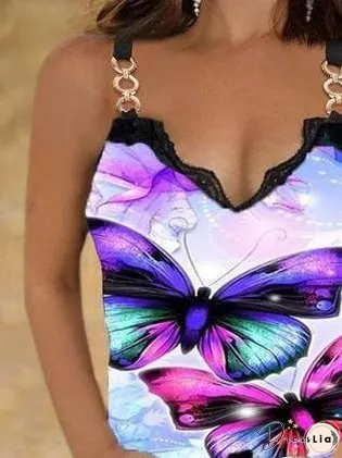 Lace Butterfly Print Casual Tank Tops