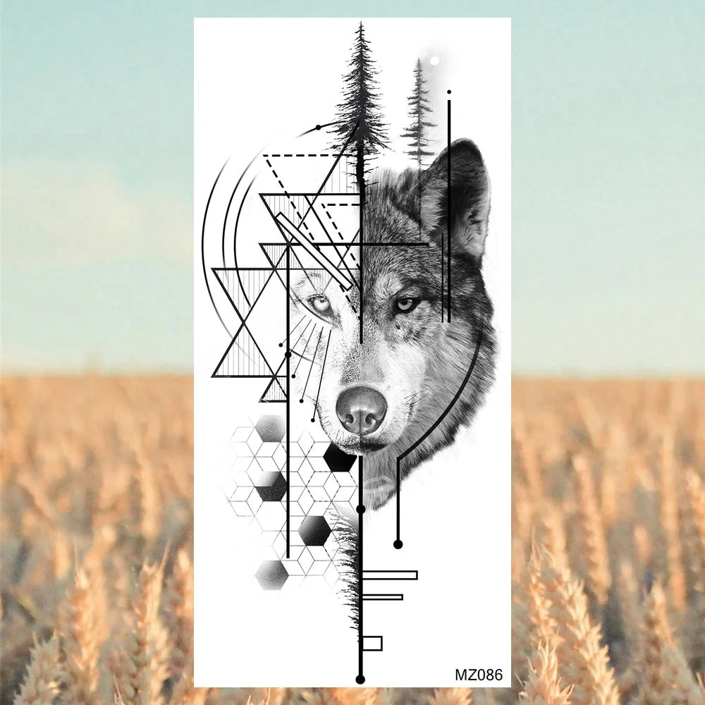 Black Lion Fashion Calf Temporary Tattoos For Women Adult Men Lion Geometric Owl Fake Tattoo Realistic Body Art Decoration Tatoo