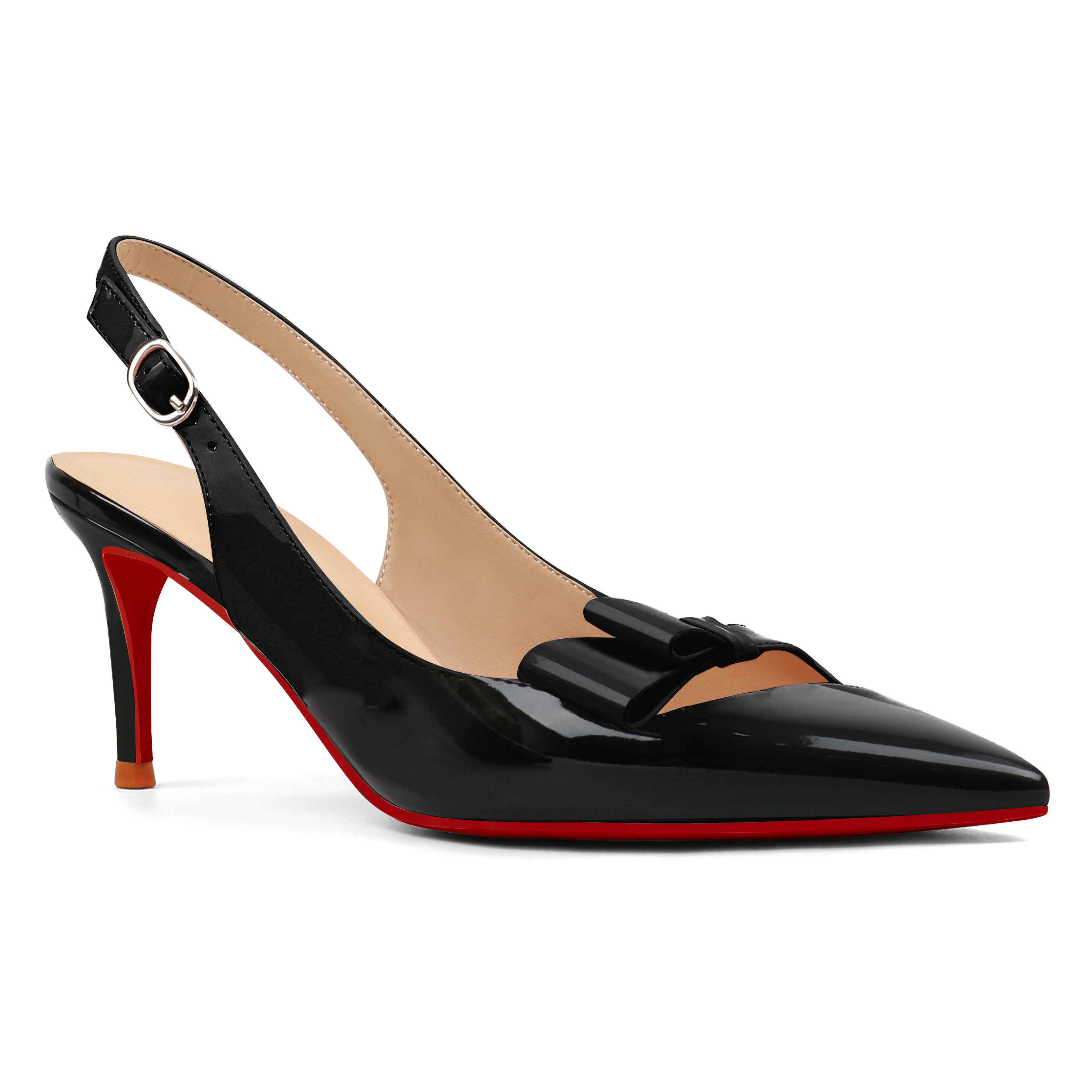 65mm Women's Stiletto Mid Heels Pumps Pointed Toe With Bows Slingback Red Bottoms Prom Sandals Shoes-vocosishoes