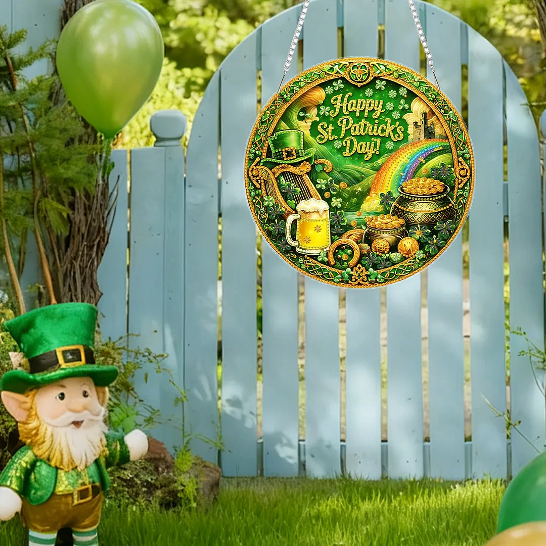 St Patricks Day DIY 2D Flat Acrylic Diamond Painting Kits 5D Diamond Art Painting Window Pendants for Home Garden Wall Decoration