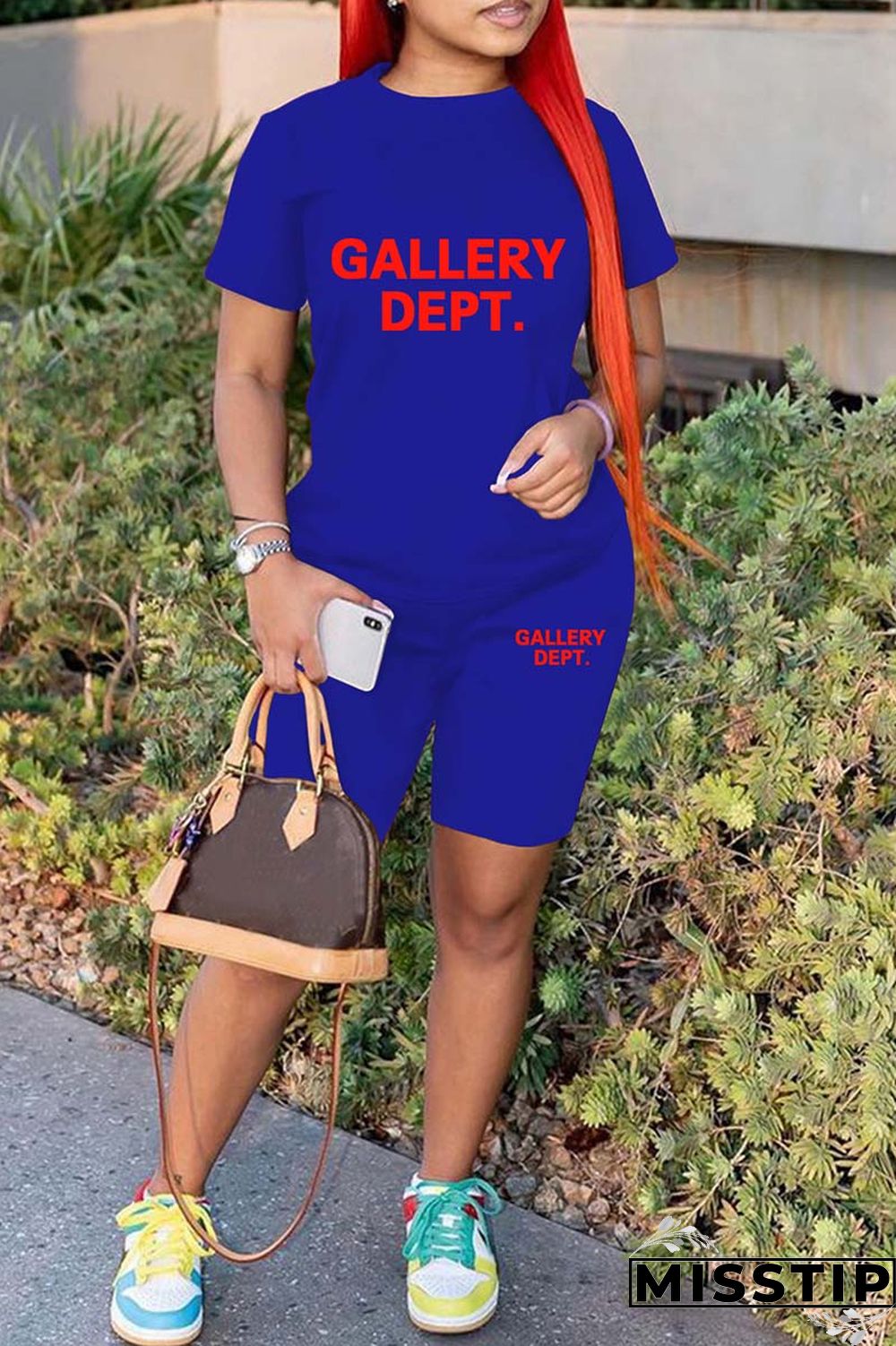 Green Casual Letter Print Basic O Neck Short Sleeve Two Pieces