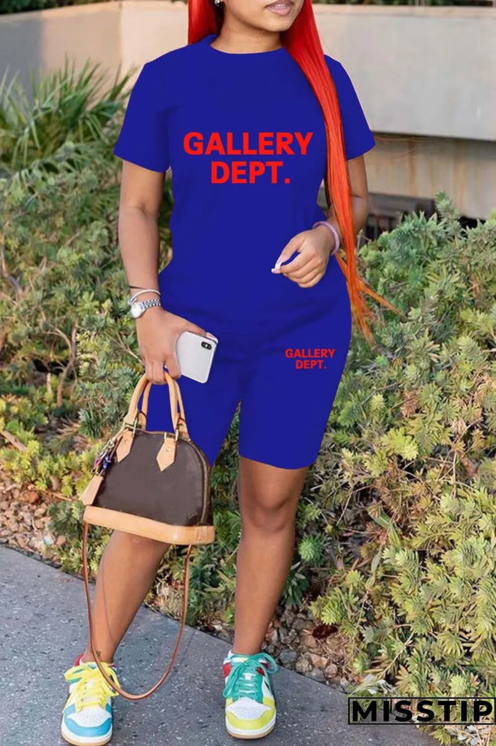 Green Casual Letter Print Basic O Neck Short Sleeve Two Pieces