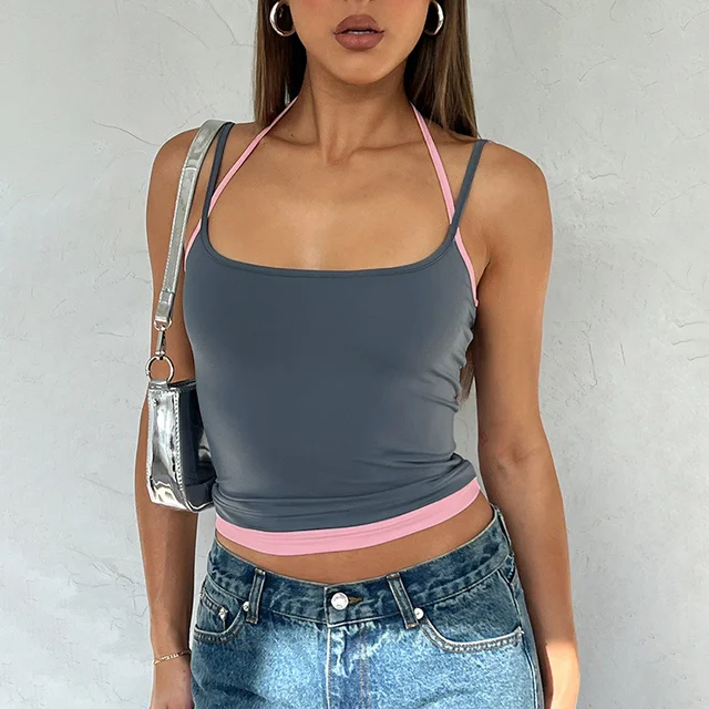 2024 Spring New Adjustable Straps Halter Clash Color Fake Two Piece Square Neck Backless Solid Hottie Girl Style Top