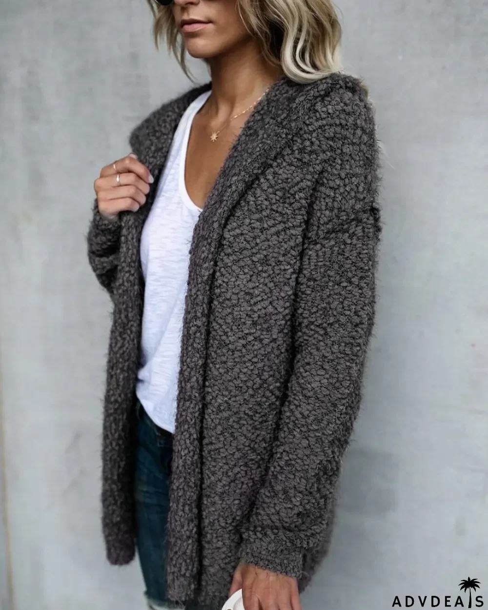 Autumn and winter women's fleece hooded cardigan top coat