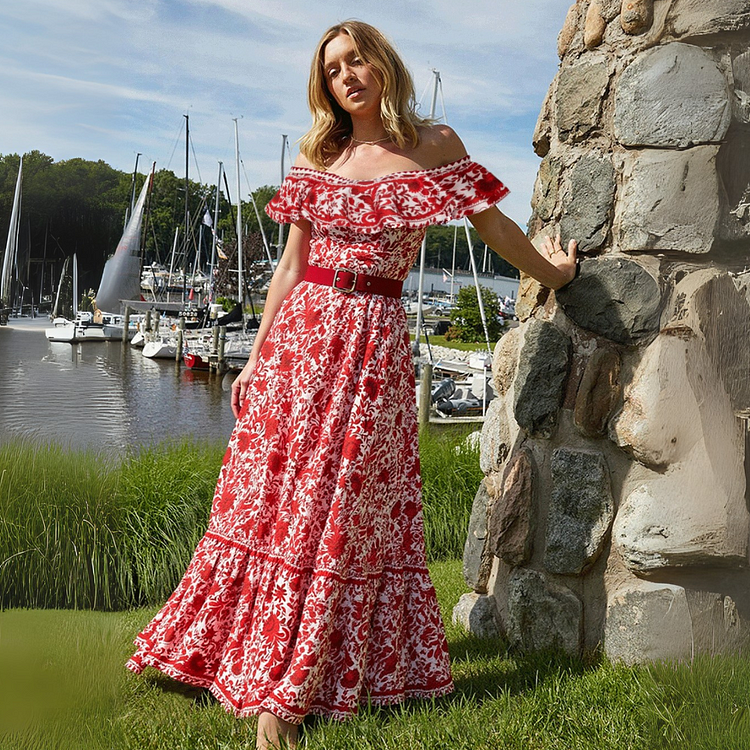 Bandeau Ruffled Red Flower Silhouette Print One Piece