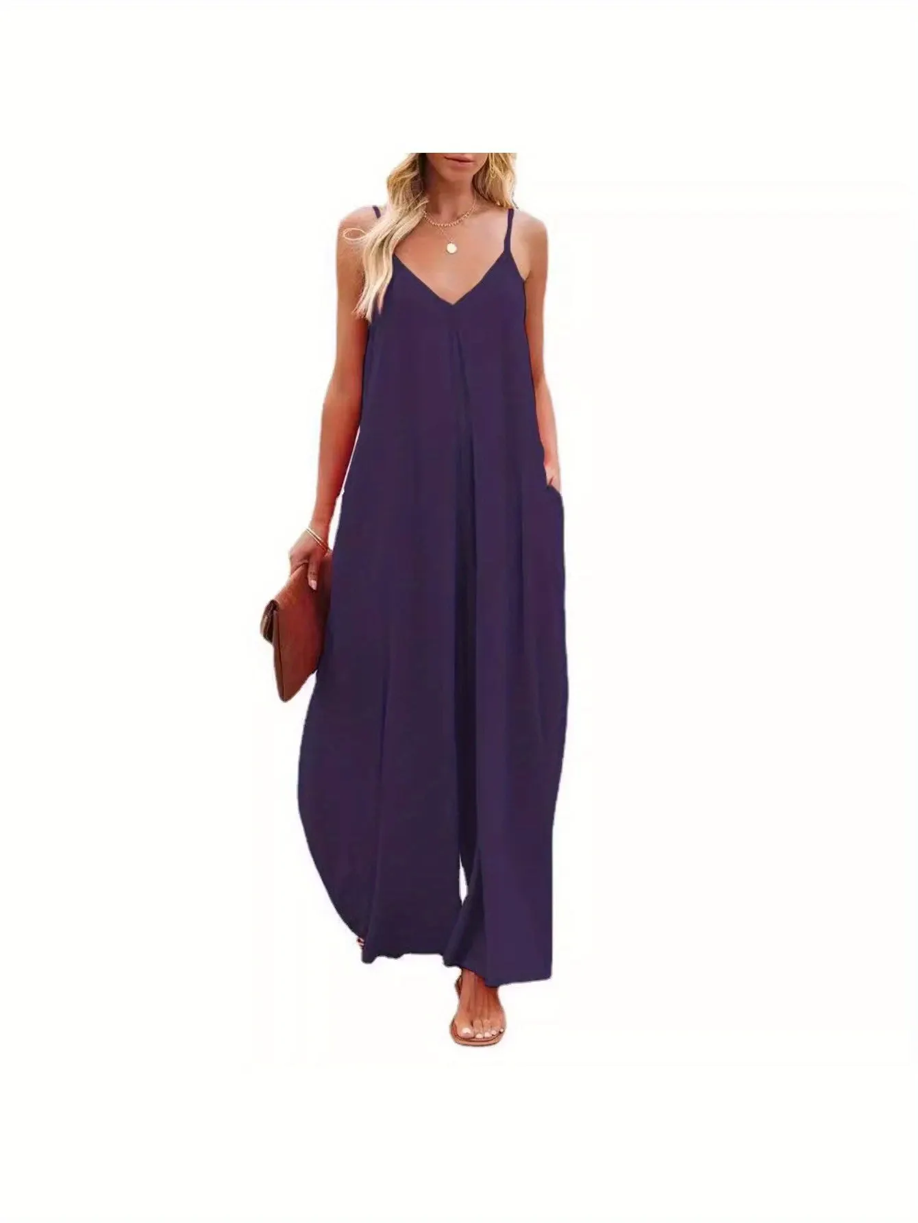Womens Elegant V-Neck Sleeveless Jumpsuit Light Gray Wide-Leg Pants With Pockets Cinched | IFYHOME