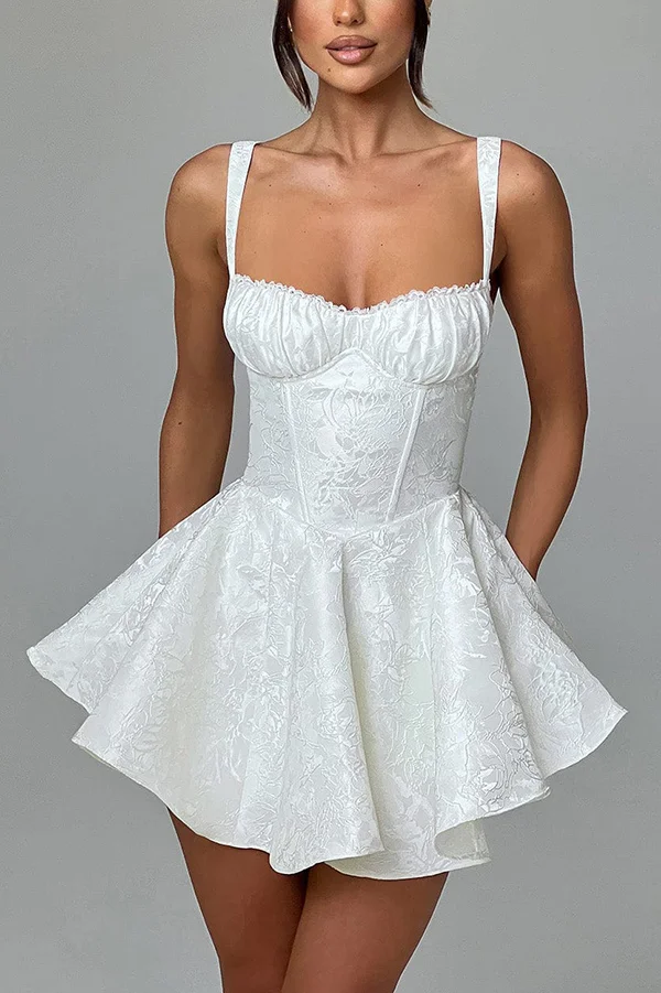 Jacquard Fabric Halter Back Elegant Bow Slim Fit Mini Dress