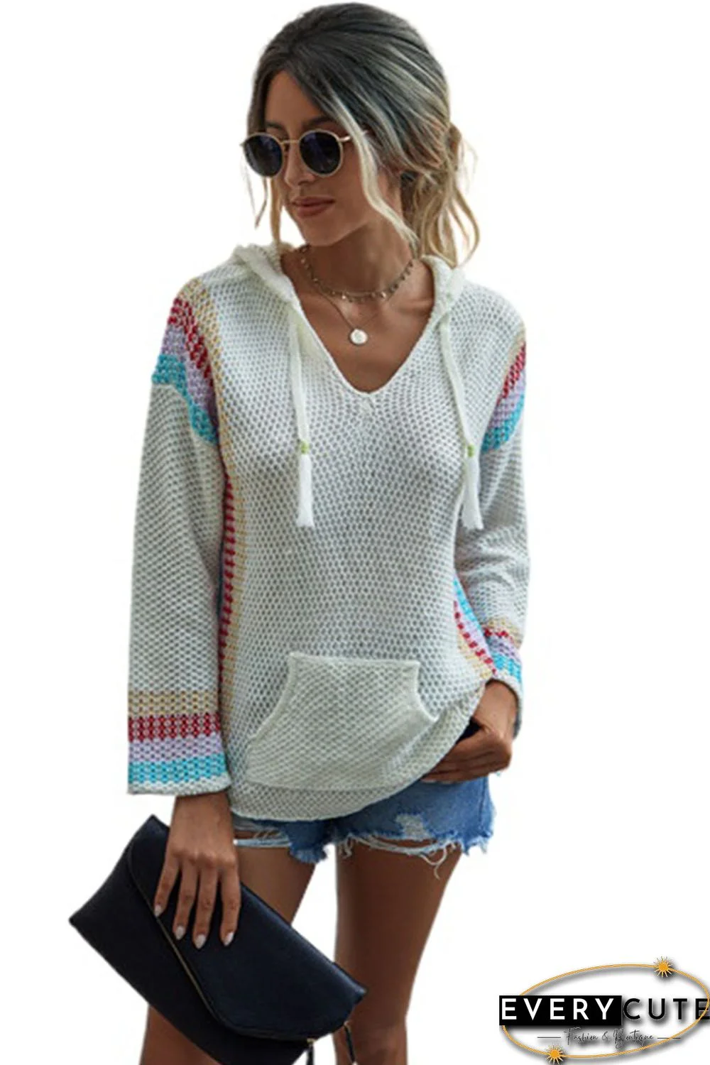 White Long Sleeve Striped Hooded Sweater