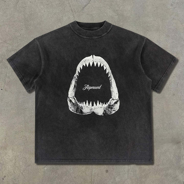 / Round Neck Shark Print Washed Short Sleeve T-Shirt