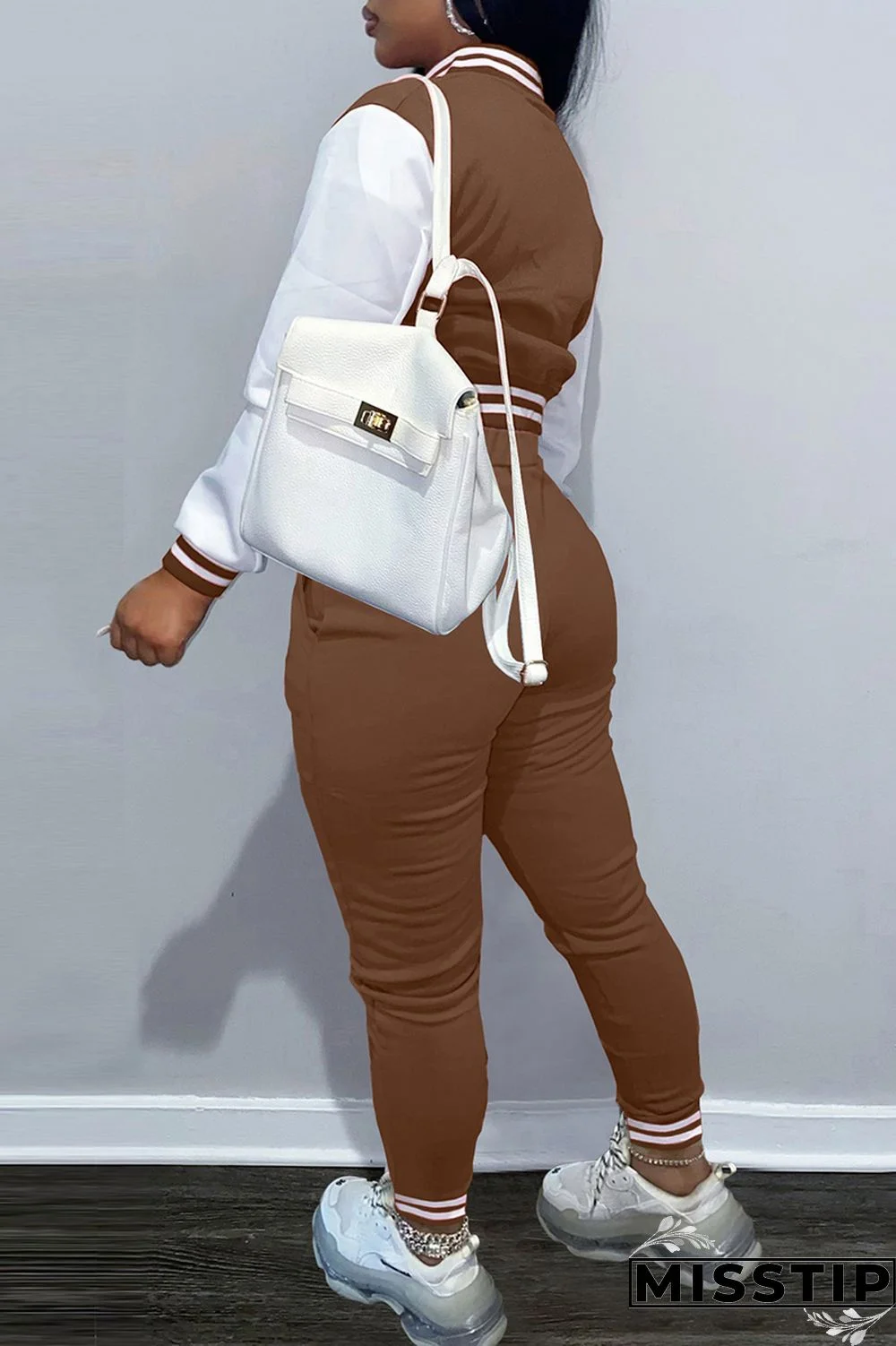 Coffee Fashion Casual Patchwork Letter Long Sleeve Two Pieces