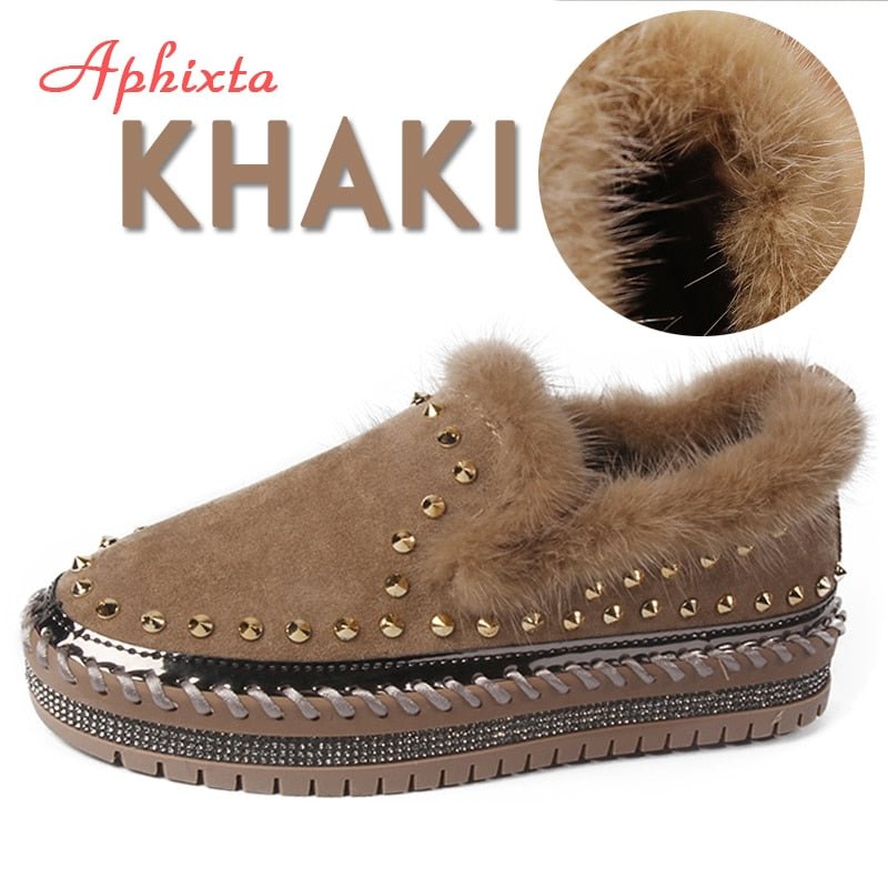 Aphixta Real Mink Fur Shoes Women Flats Luxury Rivets Hand Stitching Winter Shoes Woman Crystals Slip-on Platform Footwear