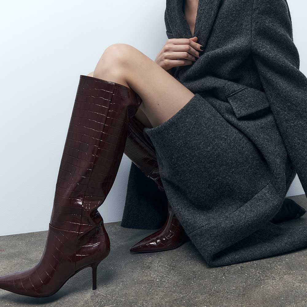 Brown Pointed Toe Stiletto Heel Wide Calf Knee High Boots Nicepairs