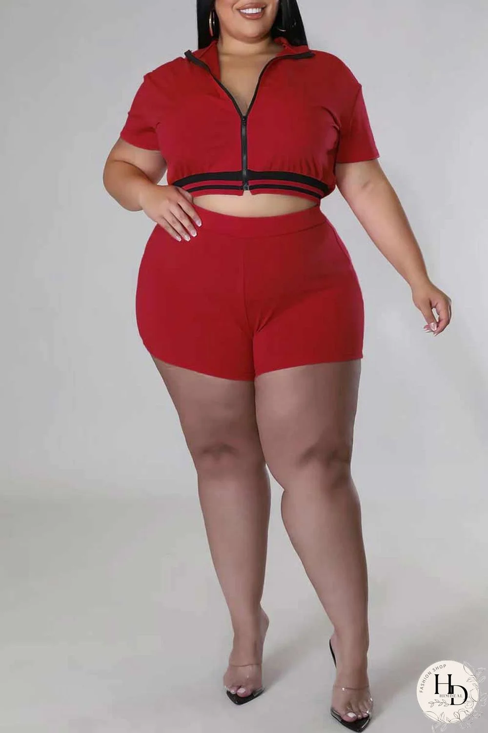 Red Casual Solid Patchwork Zipper Plus Size Two Pieces
