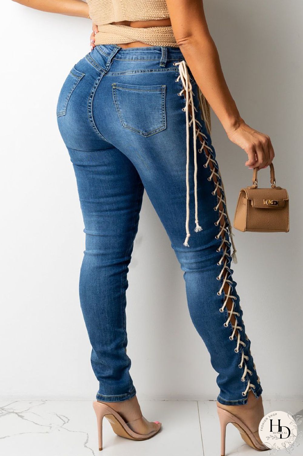 The cowboy blue Sexy Solid Hollowed Out Split Joint Frenulum High Waist Skinny Denim Jeans