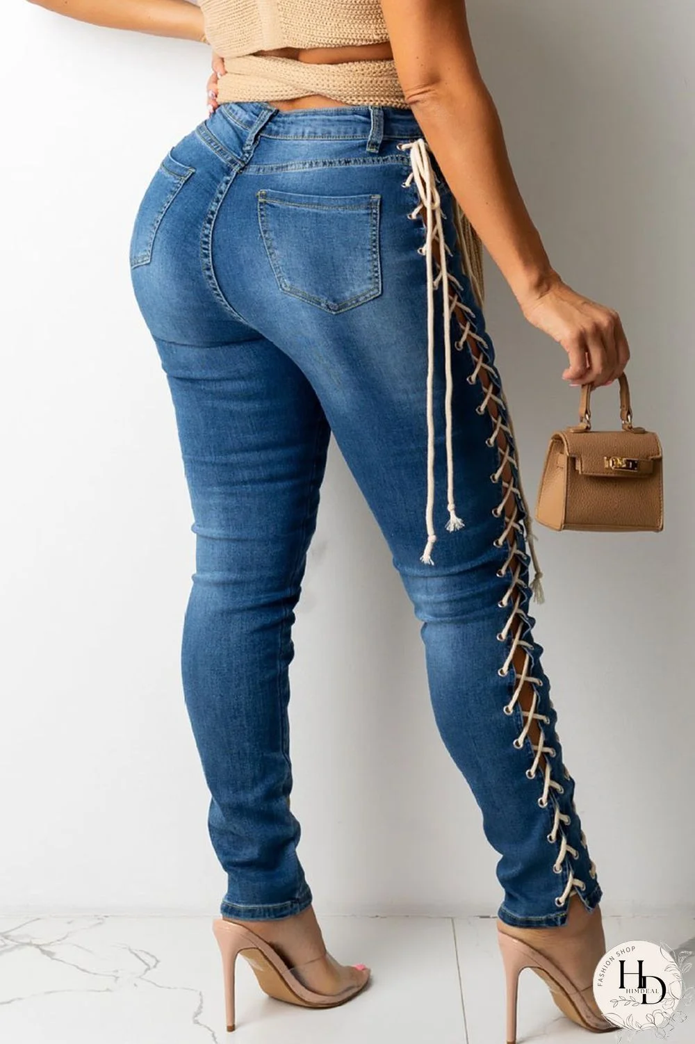 The cowboy blue Sexy Solid Hollowed Out Split Joint Frenulum High Waist Skinny Denim Jeans