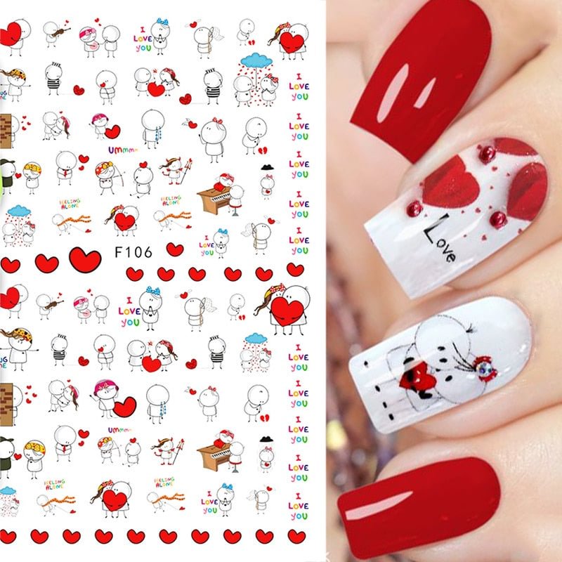 3D Valentine Sticker For Nails Cute Cartoon Lover Heart Sliders For Nail Gang Girl DIY Design Decals Manicures Nail Art Decor
