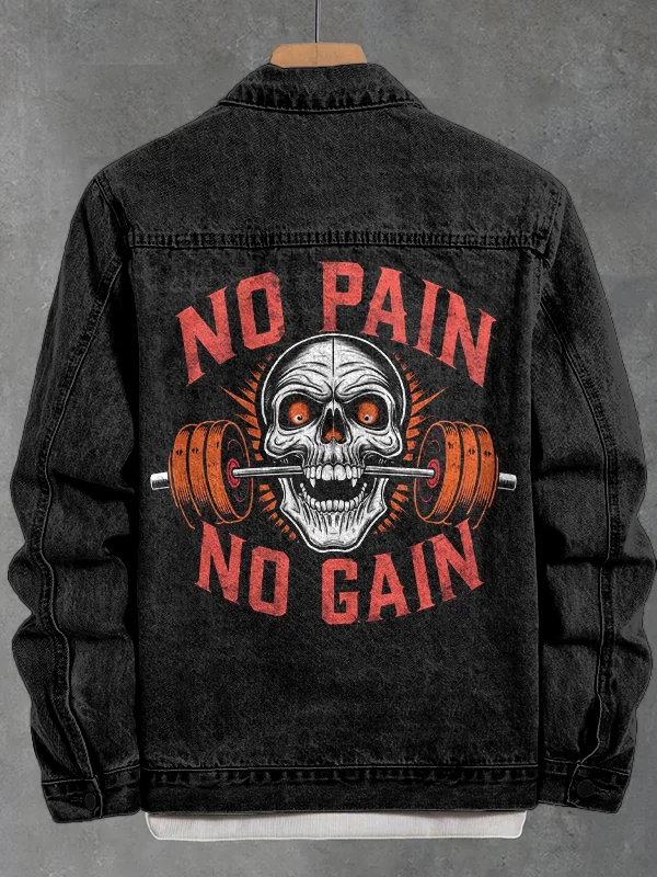 Men's No Pain No Gain Fitness Pattern Art Print Denim-Like Long Sleeve Shirt
