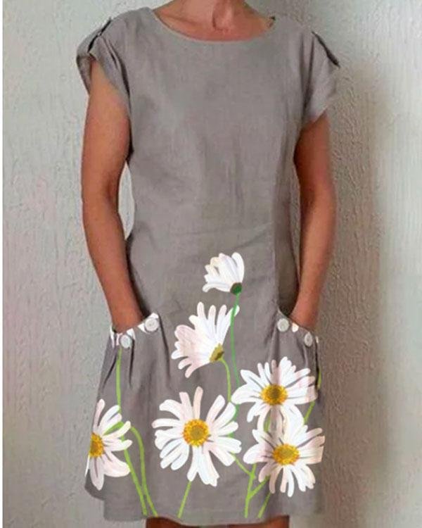 Gray Short Sleeve Floral-Print Dresses - Chicaggo