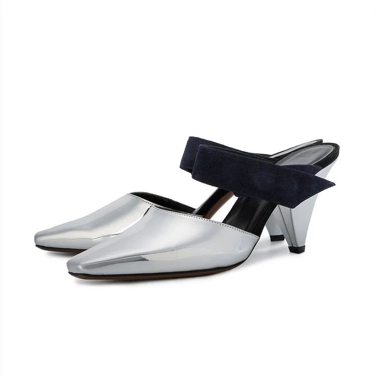 Metallic Silver Square Toe Cone Heel Mules for Women |FSJ Shoes
