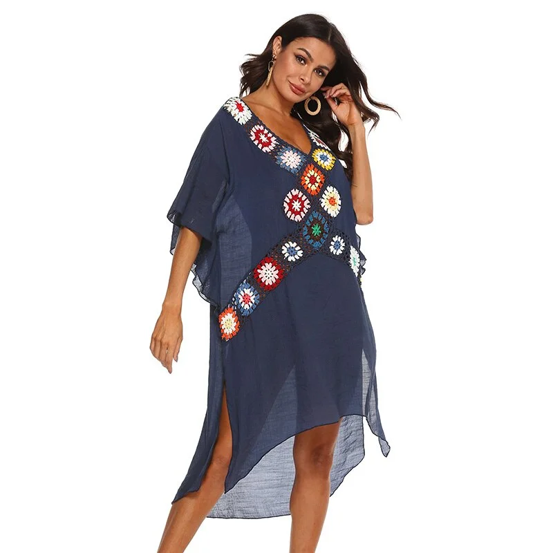 Fitshinling Handmade Crochet Summer Beach Dress Women's Swimwear 2021 Transparent Sexy Oversized Robe Irregular Bohemian Pareo