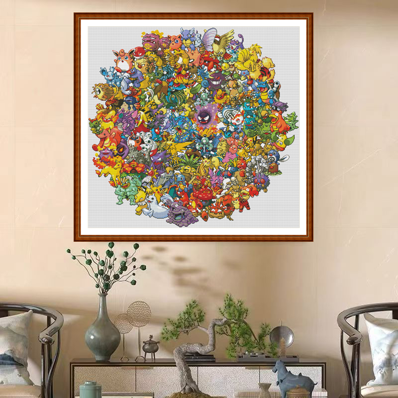 1set DIY Printed Cross Stitch Kit 【ZZ7073-Pok é mon Family Portrait Round Version】printed (stamped) cross-stitch Painting Fairy Cross Stitch