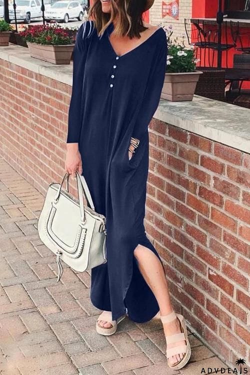 Button Side Slit Long Sleeve Maxi Dress