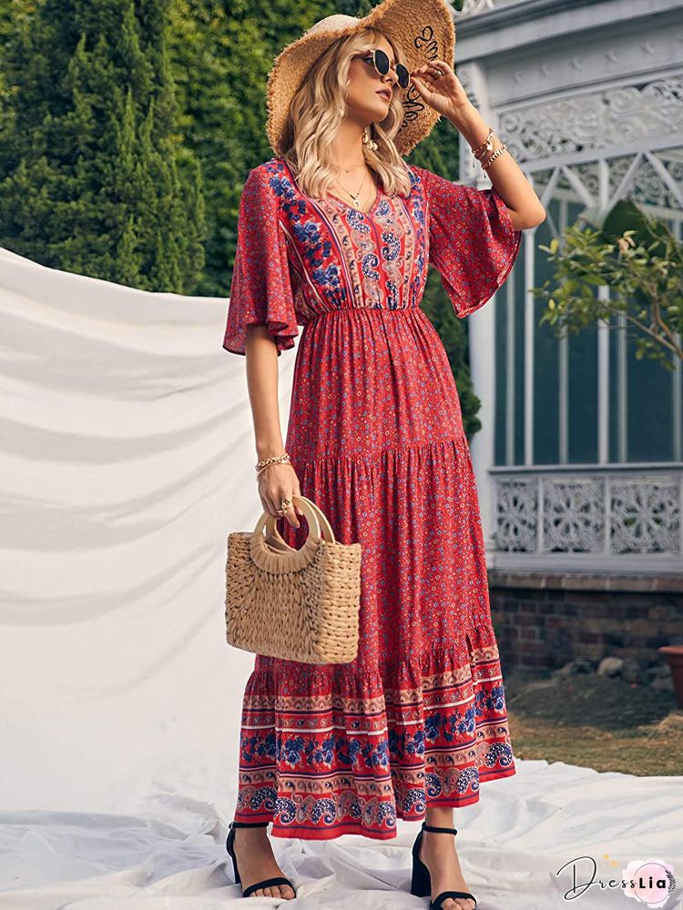 Floral Button Flares Sleeve Dress
