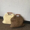 Ladies square wooden handle large capacity straw woven handbag