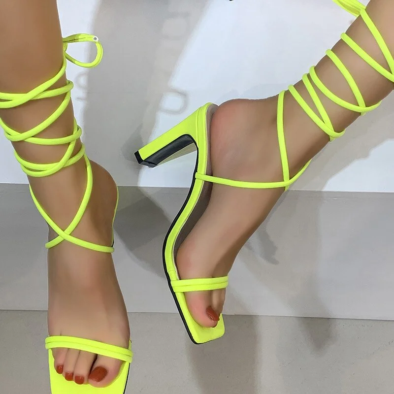Women's Neon Party Sandals Ankle Cross Strap Square Toe High Heels Ladies Fashion Trend Sandals Woman Footwear 2021 Summer