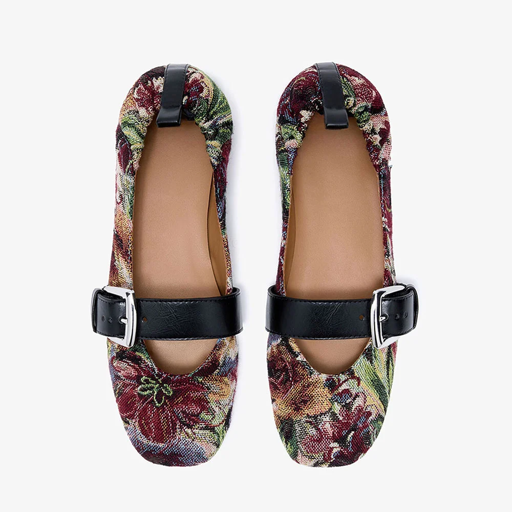 Multicolor Fabric Flats Floral Print Pull Tab Women's Mary Jane Shoes