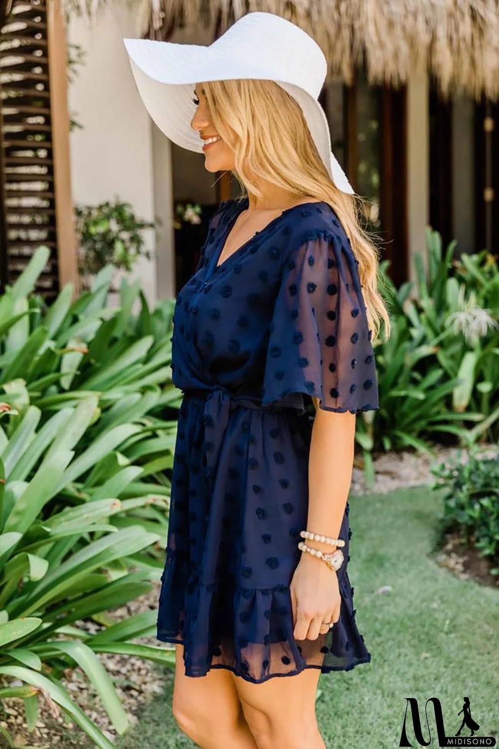 MidiSono - Wrap V Neck Swiss Dot Mini Dress with Ruffles