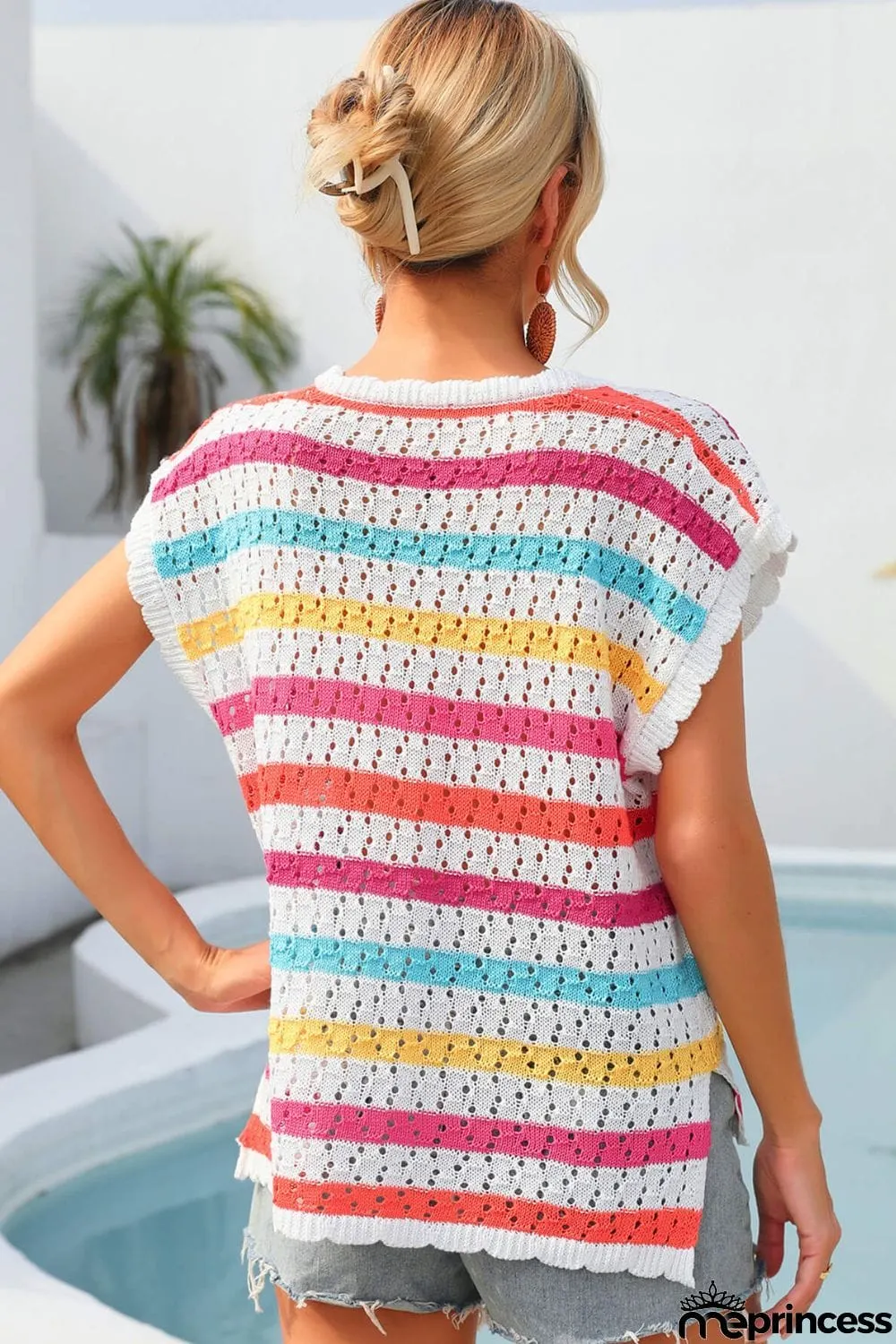 Striped V-Neck Slit Cover Up