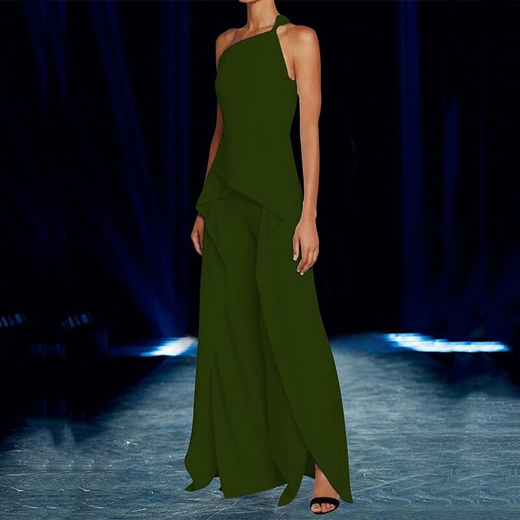 Women Sexy Skew Collar Sling Jumpsuit Office Elegant Ruffle Waist Slim Solid Romper Summer Casual Wide Leg Pant Playsuit Overall