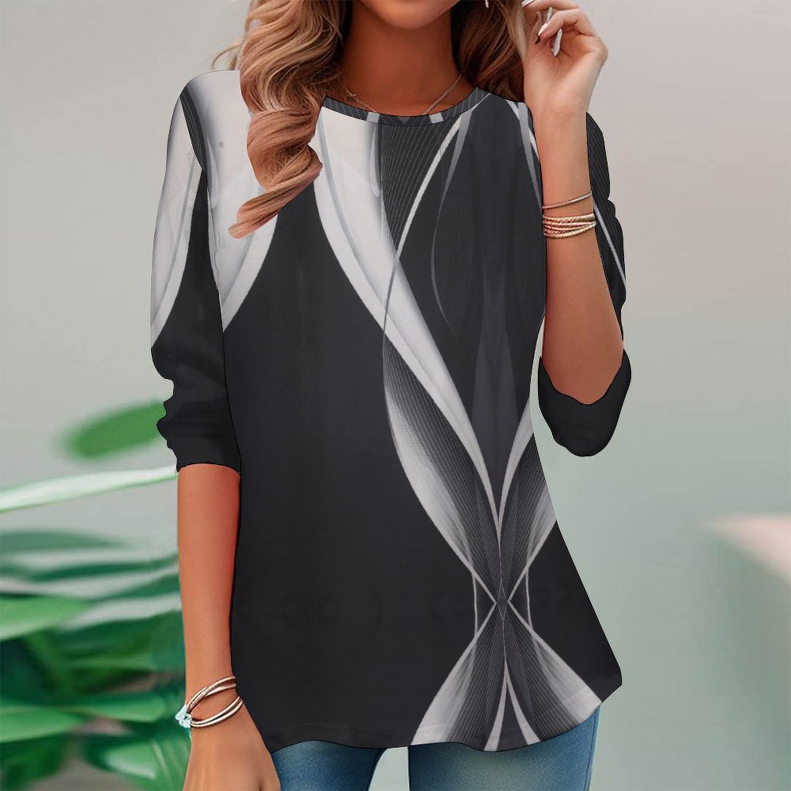 Women Long Sleeve V-neck Graphic Floral Printed Top