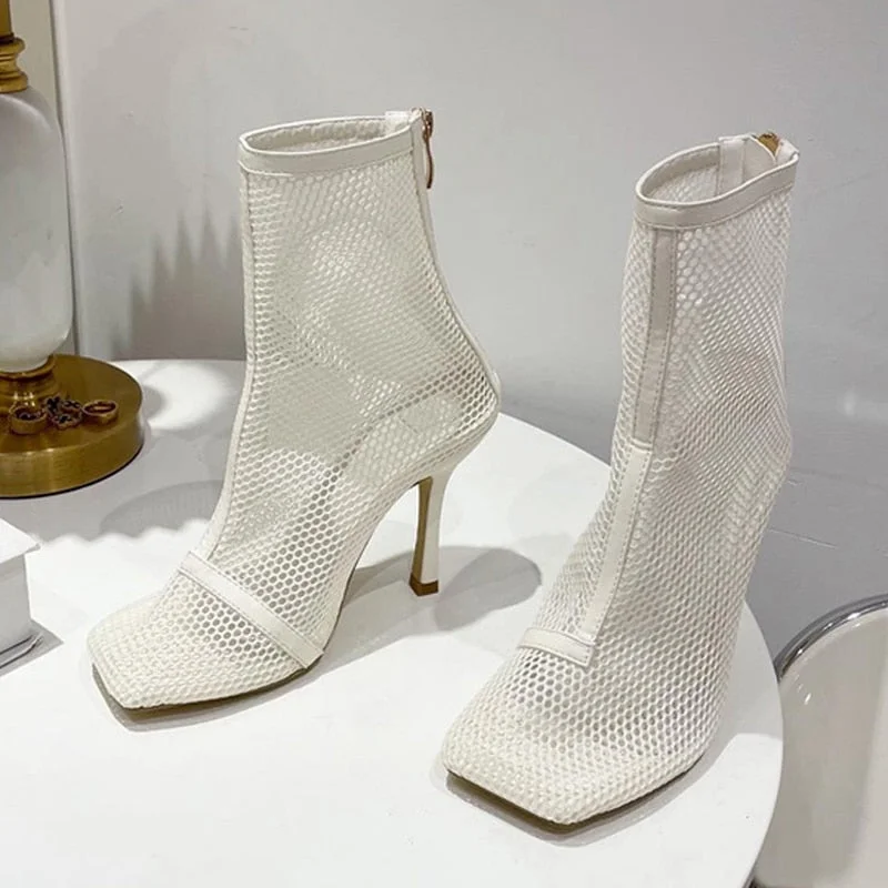 Black Green Nets Mesh Hollow Out Ankle Boots Women Sandals Fashion Square Toe Stiletto Heels Pumps Zipper Party Dance Shoes