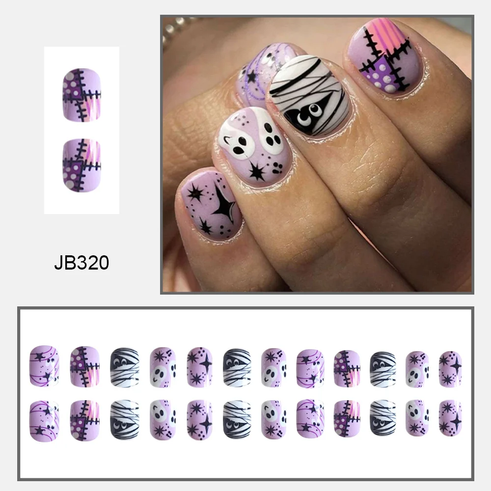 Churchf Short Square Armour Patch Mummy Ghost Halloween Element Fake Nail Finished Wear Nail Holiday Manicure